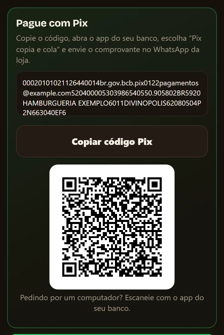 Tela de pagamento com o código Pix copia e cola, o botão Copiar código Pix e o QR Code