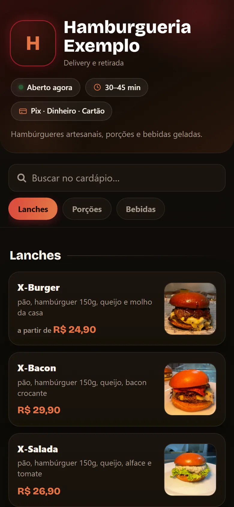 Cardápio digital com categorias, fotos e preços