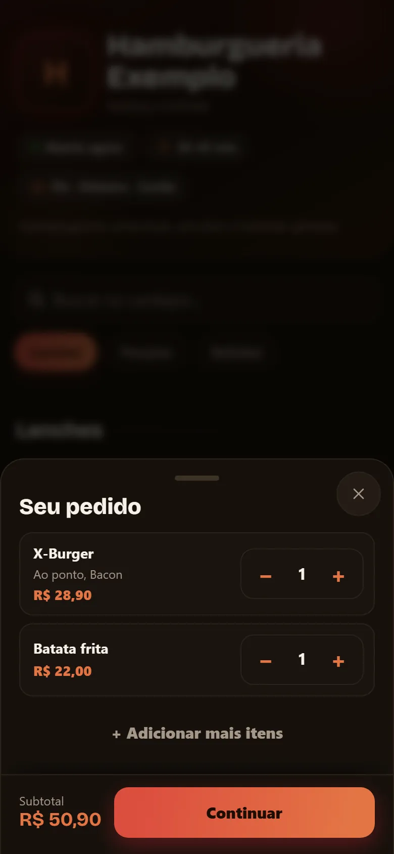 Carrinho com o total do pedido