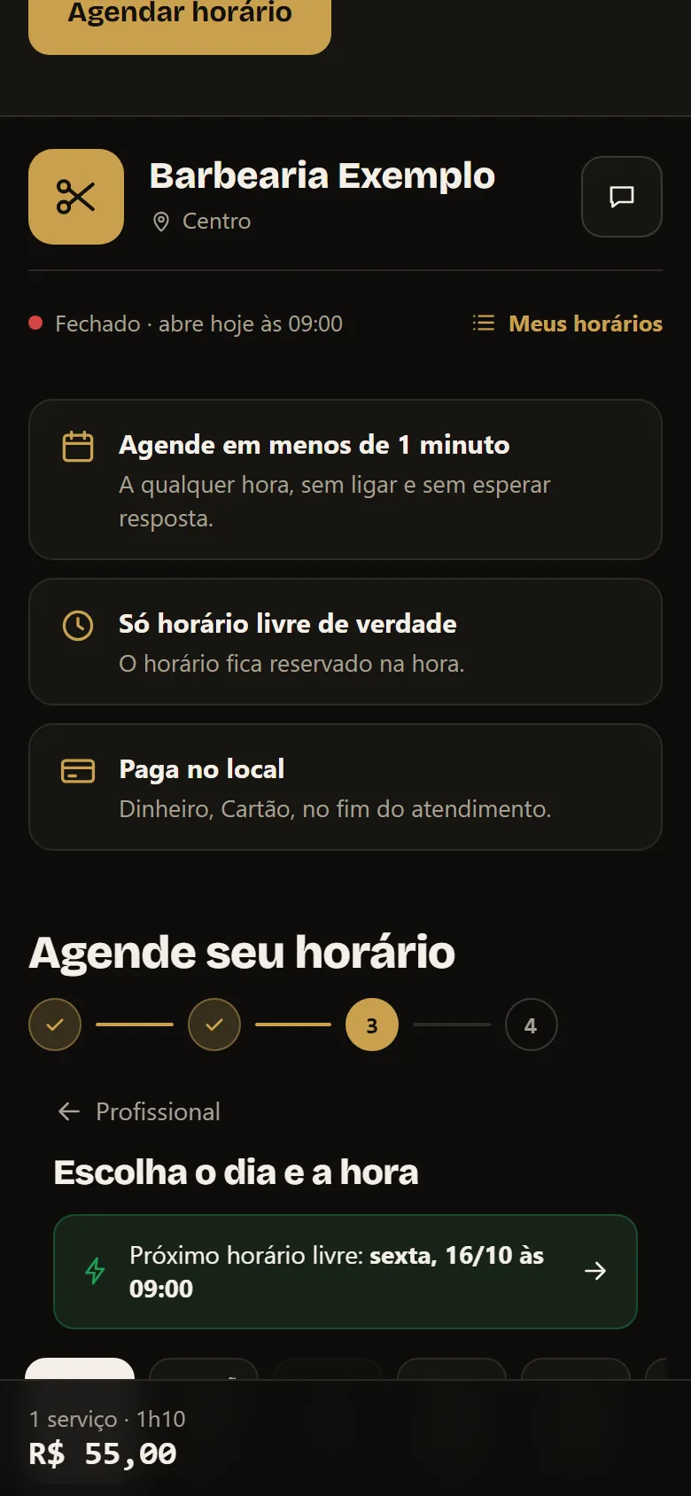 Agenda de uma barbearia de exemplo: os dias e os horários livres para escolher