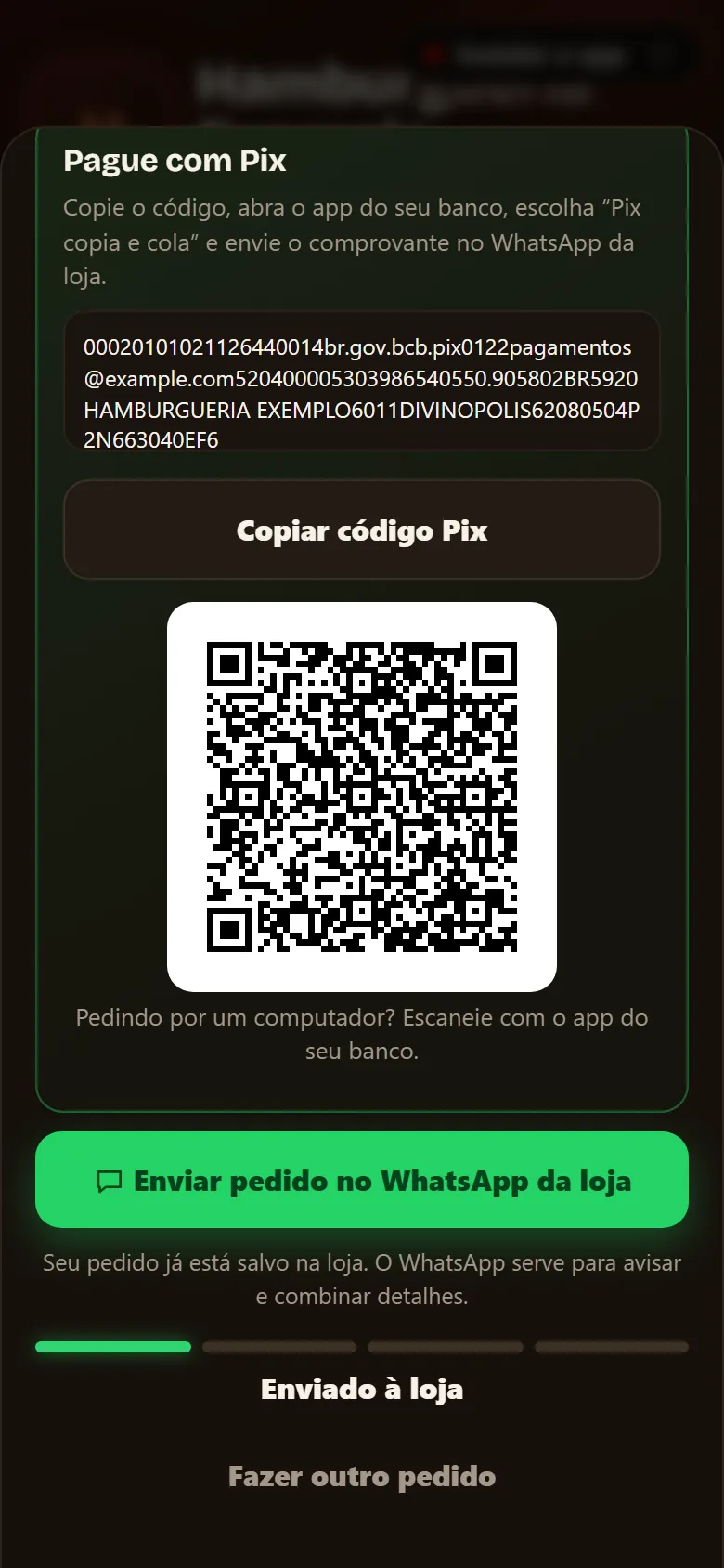 Pix copia e cola com QR Code do valor do pedido