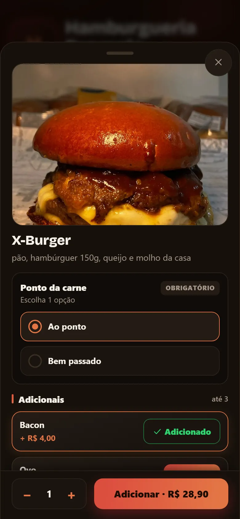 Produto de uma hamburgueria com o ponto da carne e os adicionais
