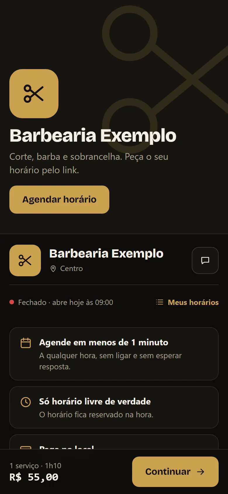Página de uma barbearia com os serviços e os preços