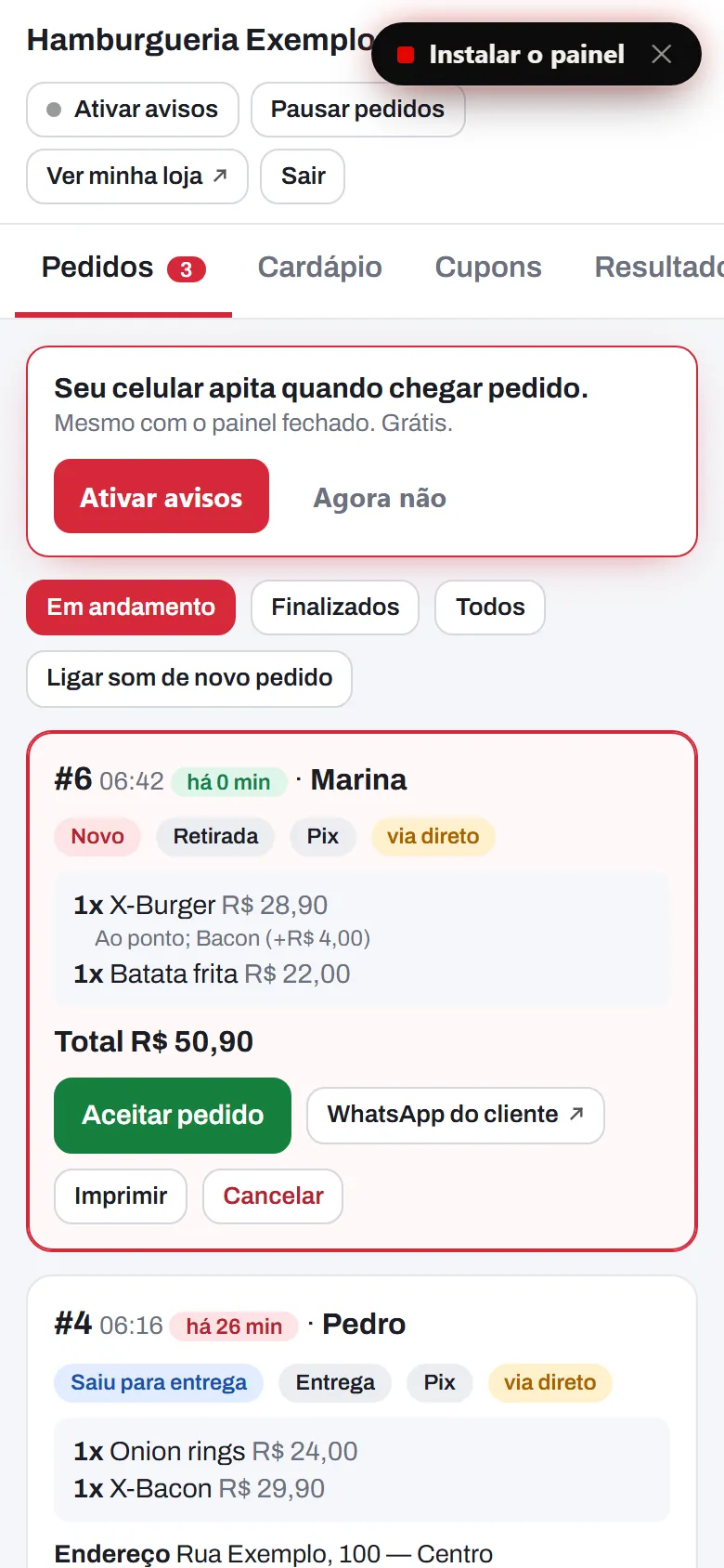 Painel do lojista com os pedidos e o tempo de cada um