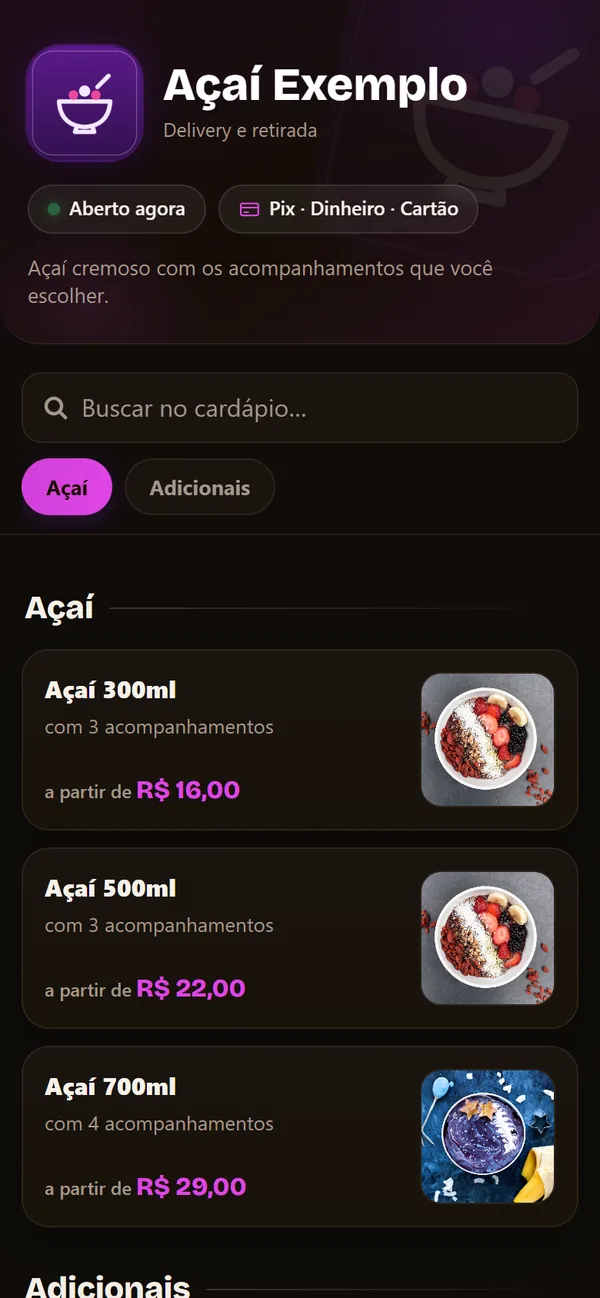 Cardápio de uma loja de açaí de exemplo: copos com foto e preço