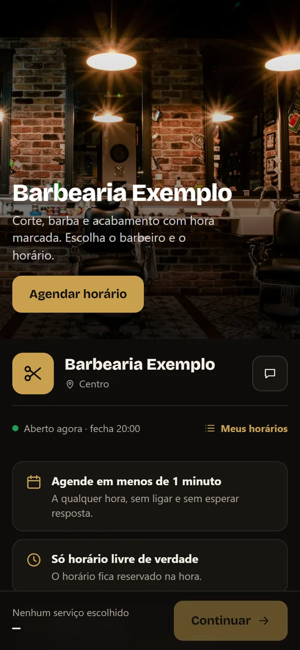Página de uma barbearia de exemplo, com o botão de agendar horário