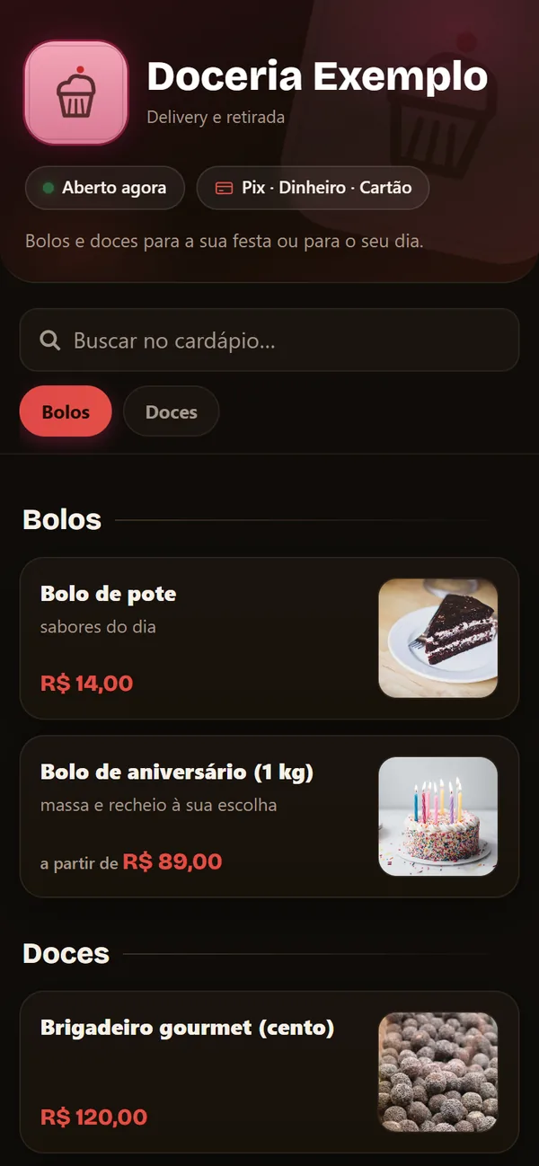 Cardápio de uma doceria de exemplo: bolos e doces com foto e preço