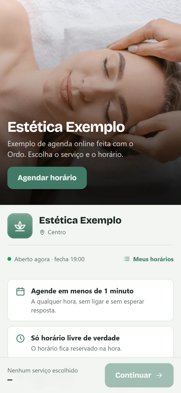 Página de uma clínica de estética de exemplo, com o botão de agendar horário