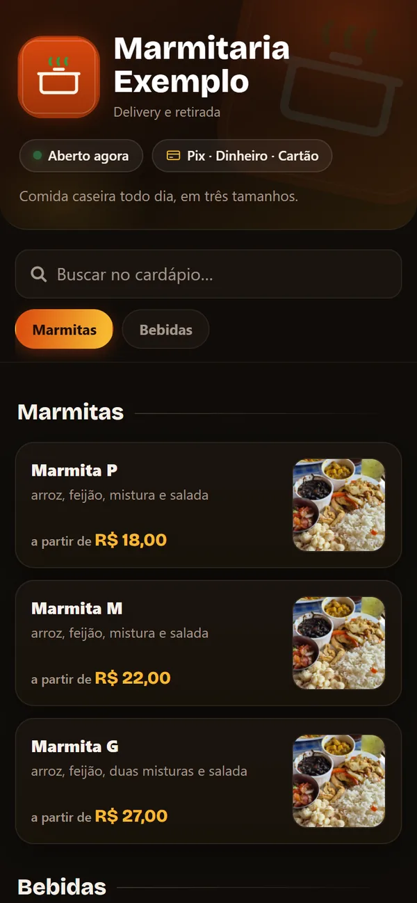 Cardápio de uma marmitaria de exemplo: marmitas com foto e preço