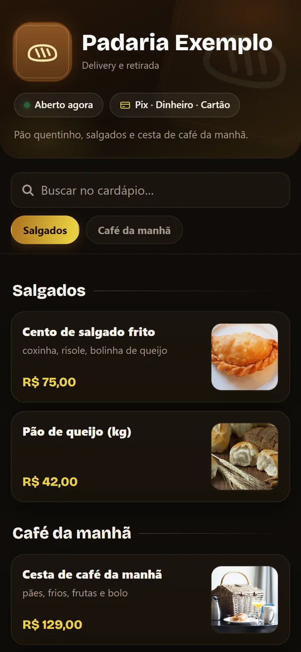 Cardápio de uma padaria de exemplo: salgados e cesta de café com foto e preço
