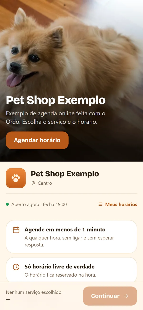 Página de um pet shop de exemplo, com o botão de agendar banho e tosa