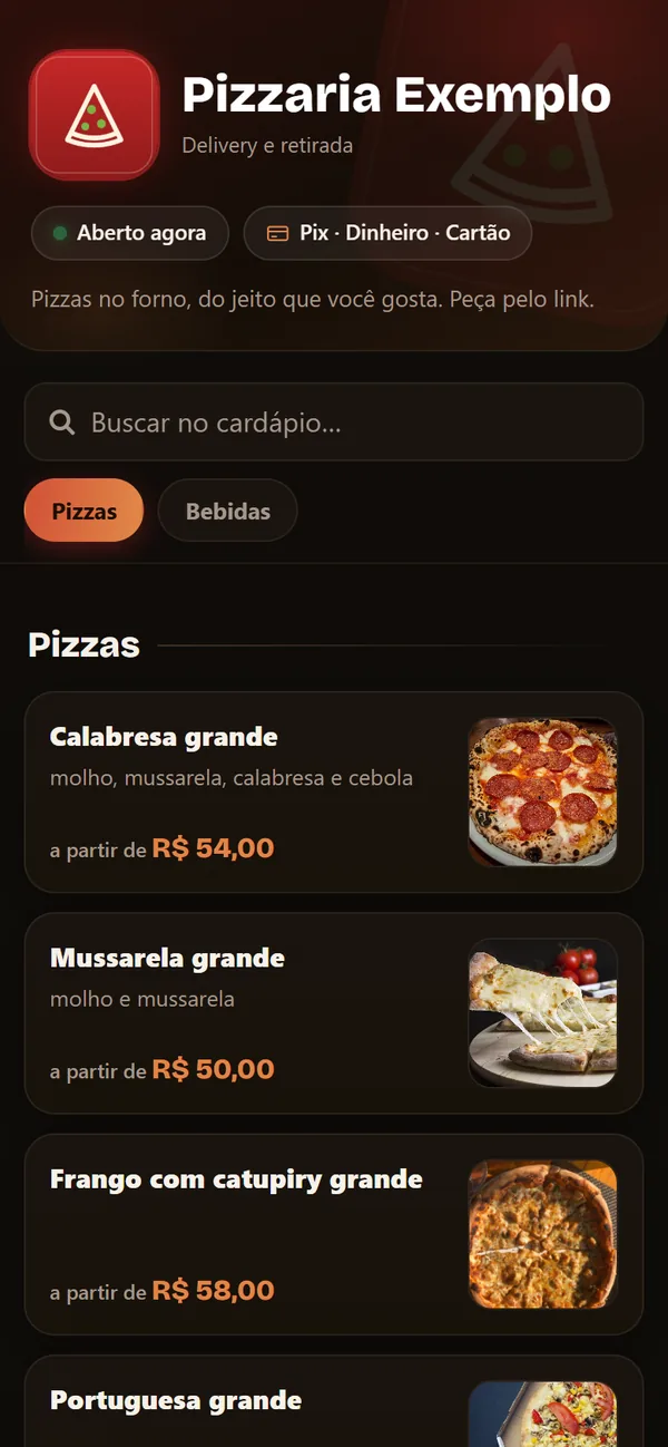 Cardápio de uma pizzaria de exemplo: pizzas com foto e preço