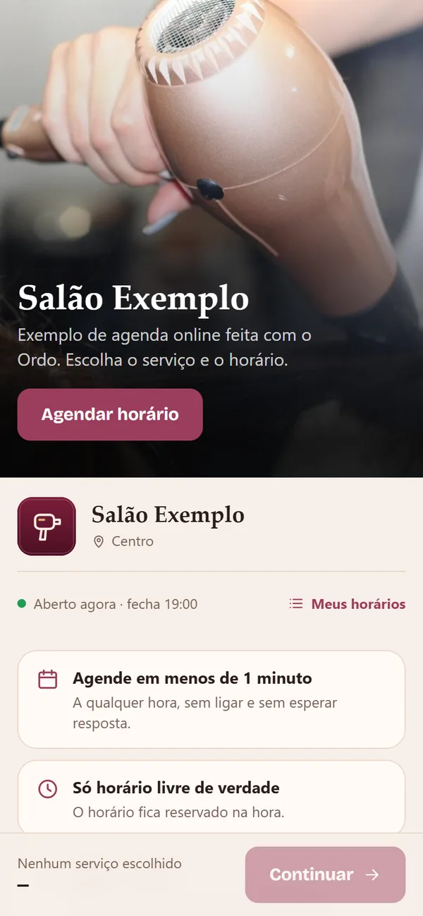 Página de um salão de beleza de exemplo, com o botão de agendar horário