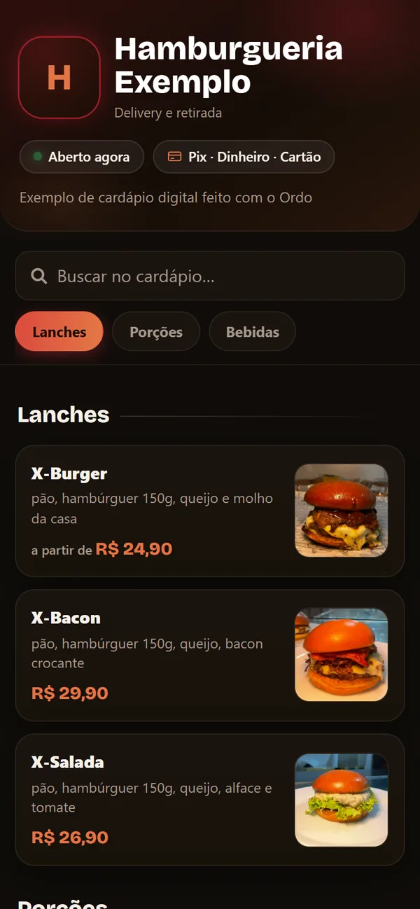 Cardápio de uma hamburgueria de exemplo: lanches com foto e preço